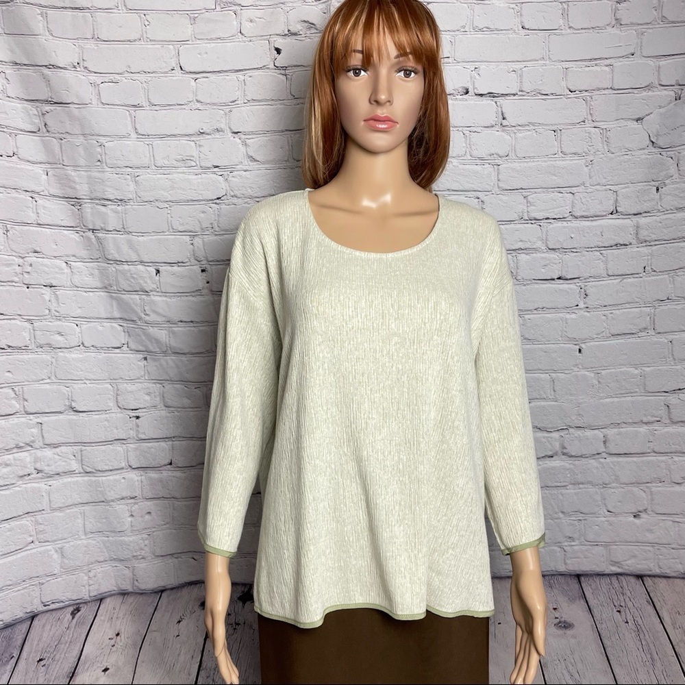 New Pure Jill Crinkle Linen Blend Sage 3/4 Sleeve Top Size M